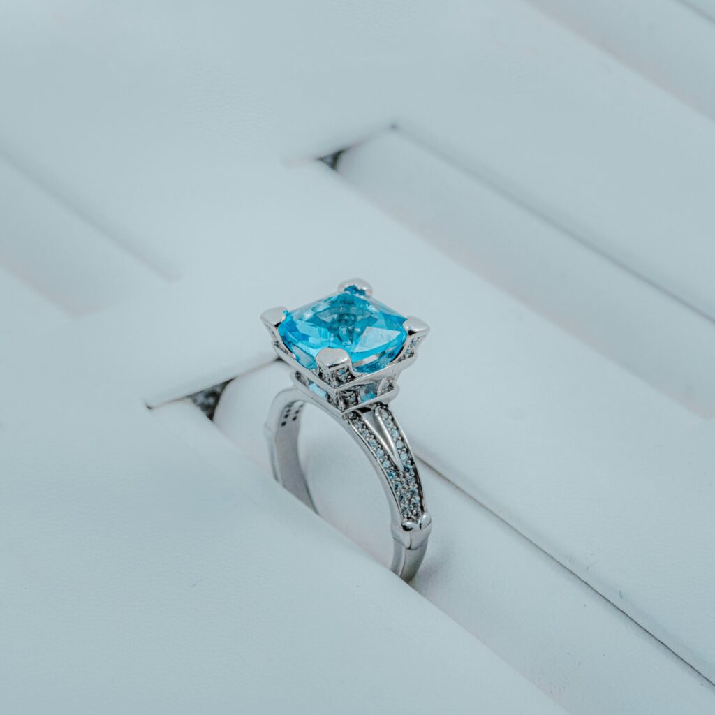 An exquisite silver ring featuring a striking blue gemstone, perfect for weddings or special occasions.